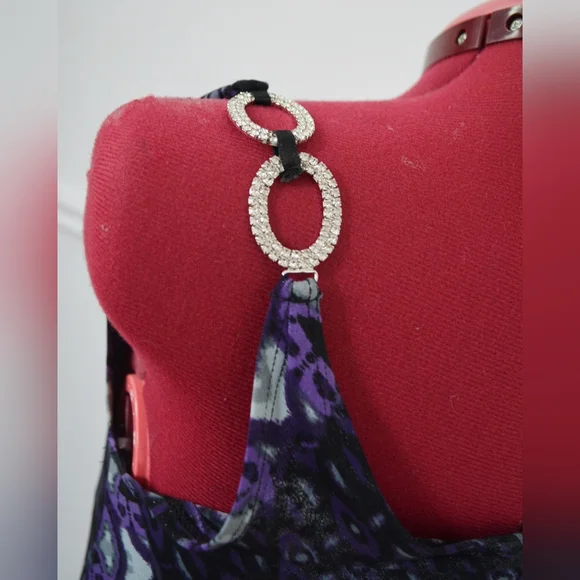 Purple Patterned Cowl Neck Top With Side tie Belt And Rhinestone On Straps - Picture 3 of 4